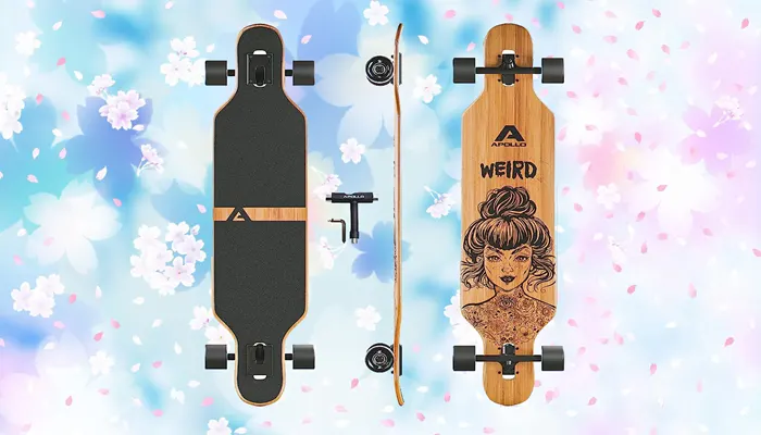 A bamboo longboard seen from above, from the side and from below